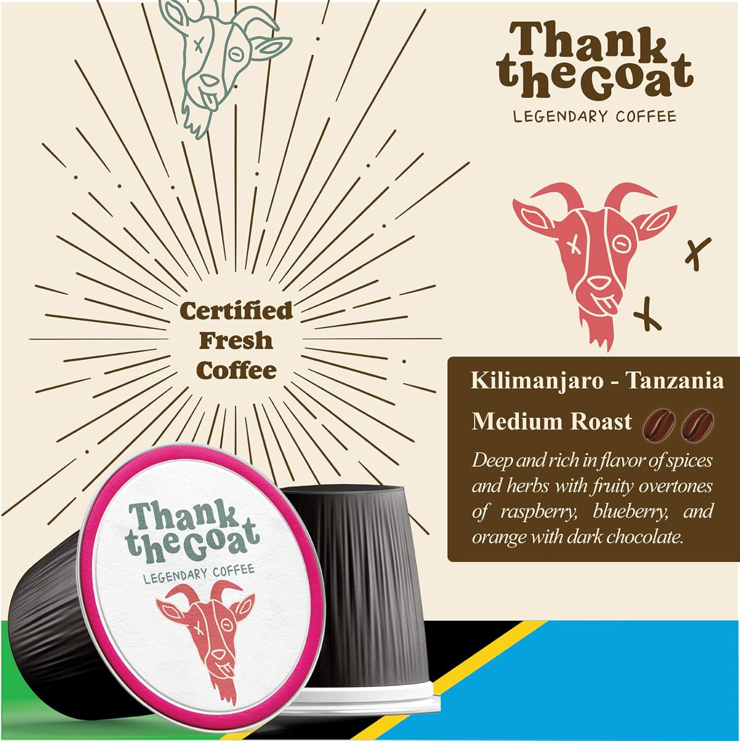 Thank the Goat Gourmet Made to Order Coffee Pods, Freshly Roasted, Medium Roast Compatible with Keurig 2.0 K-Cup Brewers, From Kilimanjaro, Tanzania, 24 Count
