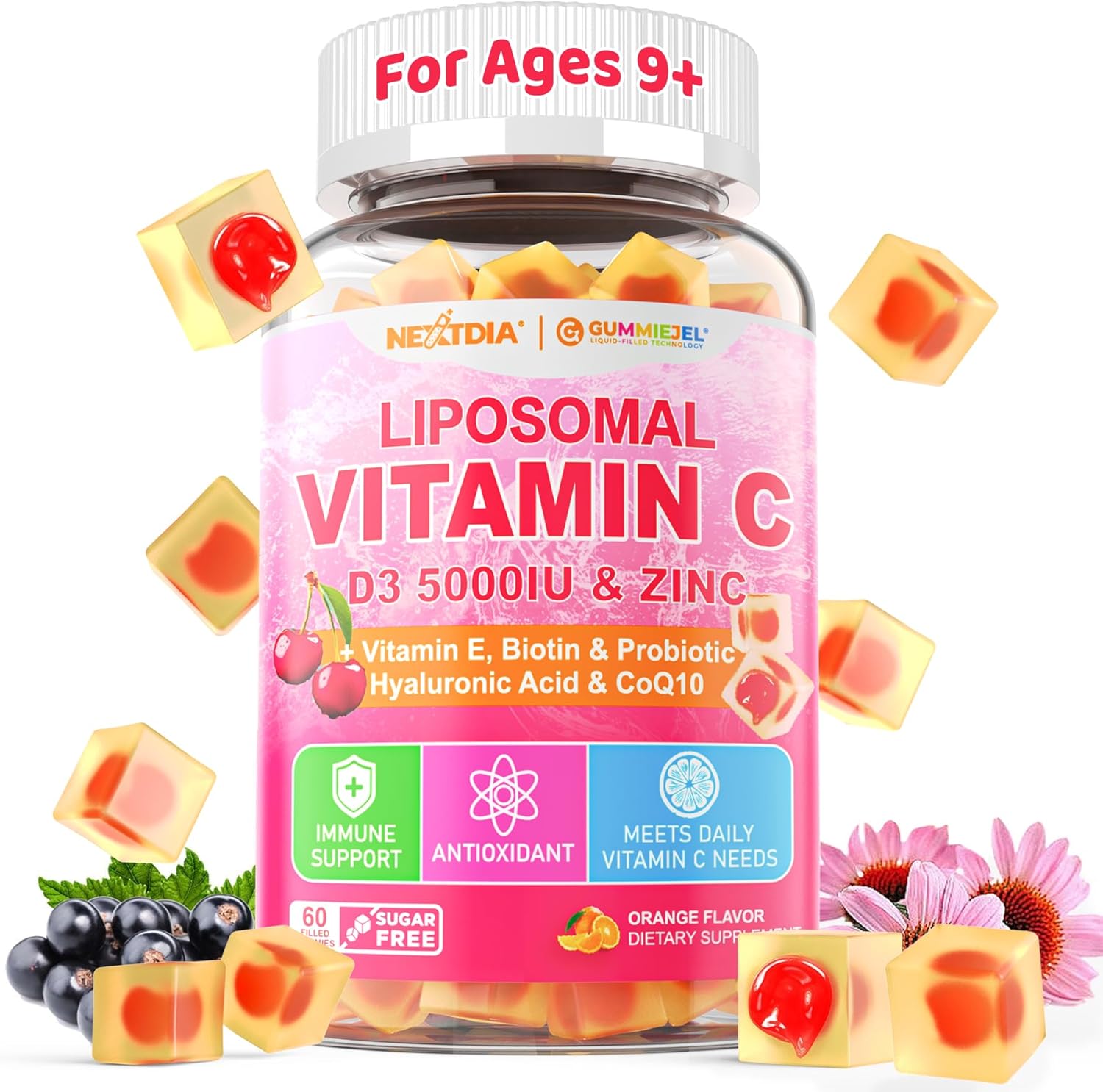 Liposomal Vitamin C 1000mg + D3 5000IU + Zinc Filled Gummies, Folate 800mcg Chewable Supplement, Elderberry for Immune, Hyaluronic Acid, VE, for Beauty, Energy & Overall Health, Sugar Free, Natural