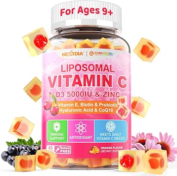 Liposomal Vitamin C 1000mg + D3 5000IU + Zinc Gummies, for Teens 9& Adults, Folate 800mcg, Elderberry for Immune, Hyaluronic Acid, VE, for Beauty, Hair Skin Nail Overall Health, Sugar Free, Chewable