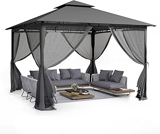 UDPATIO Pavillon 3,35x3,35m Wasserdicht Stabil Winterfest, Gartenpavillon mit Doppeldach, Moskitonetz und Metallrahmen, Doppeldach Gartenlaube für Garten, Terrassen, (Grau)