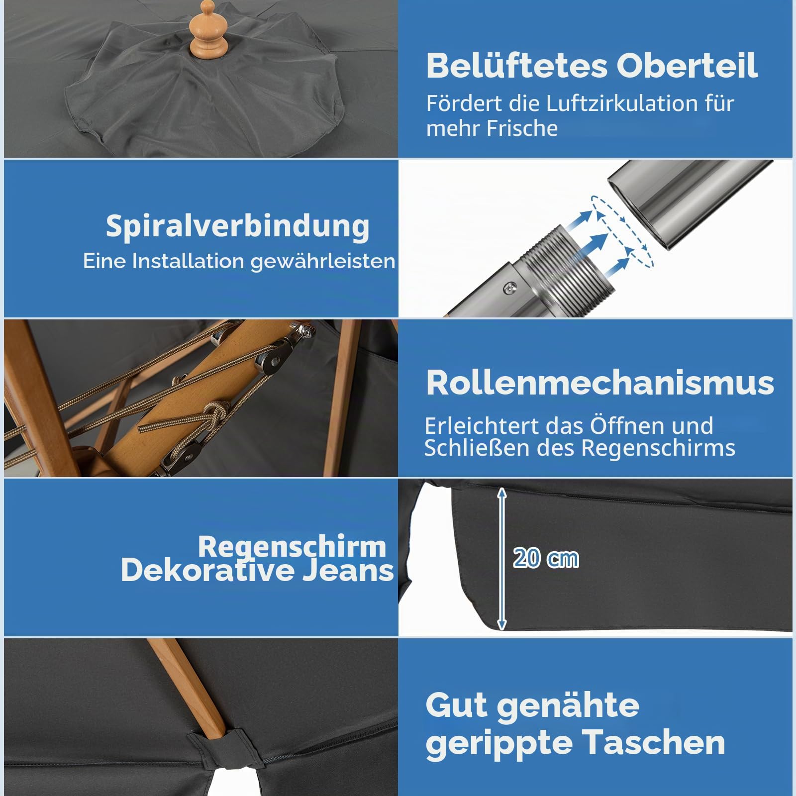 GIANTEX 300cm Sonnenschirm, Holz-Sonnenschirm, Marktschirm, Gartenschirm, Terrassenschirm Rund UV50+, neigbar und knickbar, Sonnenschutz für Garten, Balkon, Terrasse (Schwarz)
