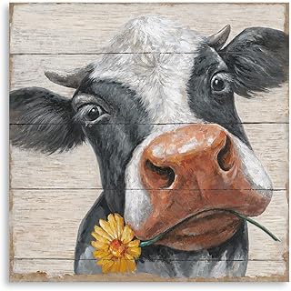 Rustic Cow Pictures Wall Decor: Farmhouse Cow Canvas Wall Art Farm Animal Cow with Sunflower on Wood Panel Print Poster Room Decorations for Home Kitchen Bathroom Bedroom Nursery Framed 14"x14"