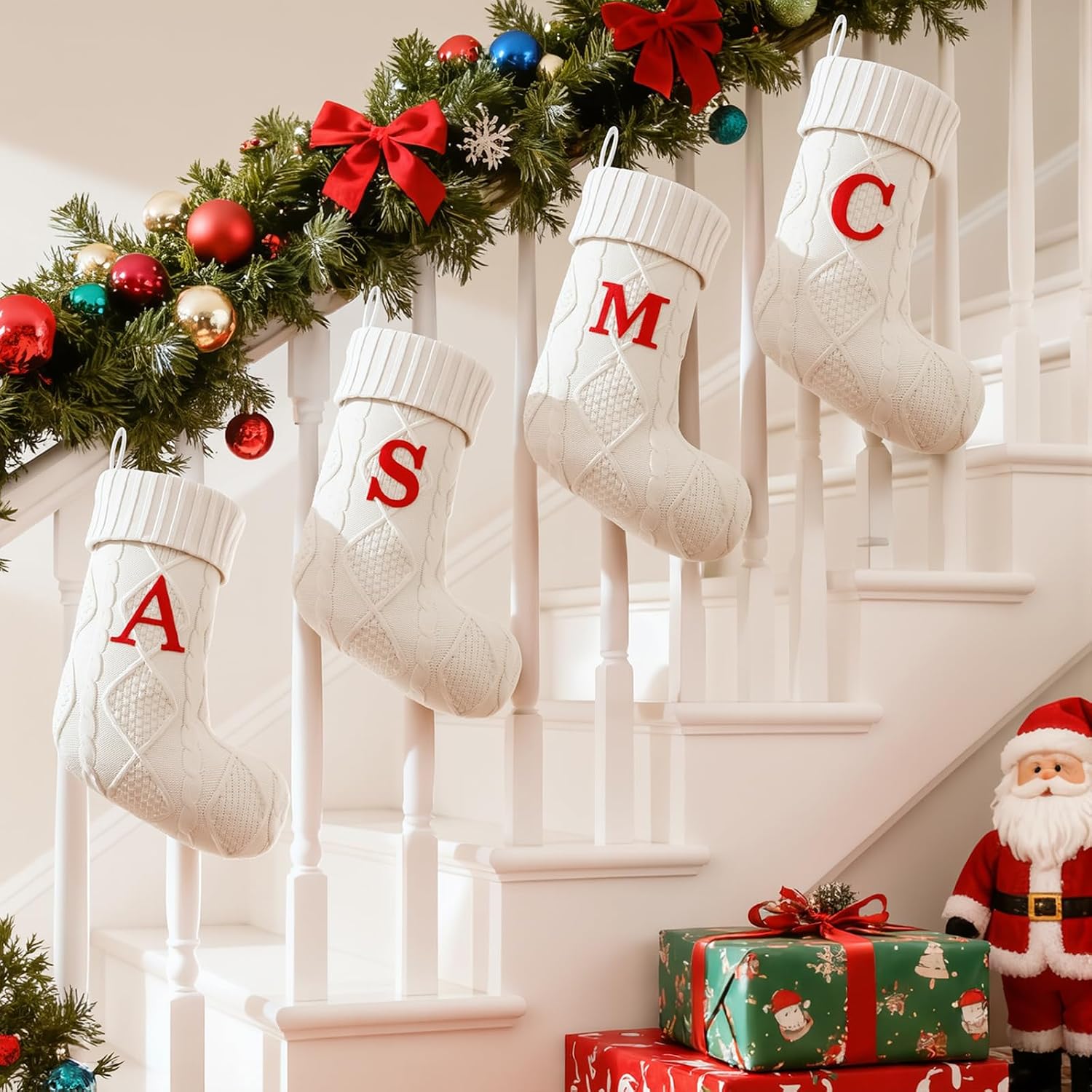 Christmas Stockings Personalized with Initials, Letter Embroidered Xmas Stockings, 21" Large Custom Monogram Knitted Stocking, Christmas Party Fireplace Holiday and Family Hanging Stocking Decorations image 4