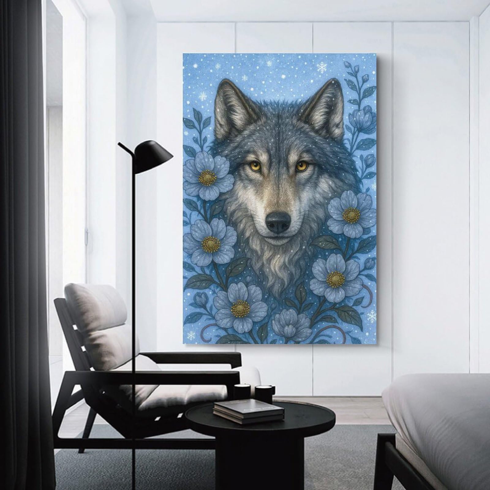 Junmoney Wolf Portrait with Blue Flowers Home Decor Wall Art, 24x36inch(60x90cm), for Wall Displays, Bedrooms Or Room Updates, Ideal for Building A Coordinated Art Wall