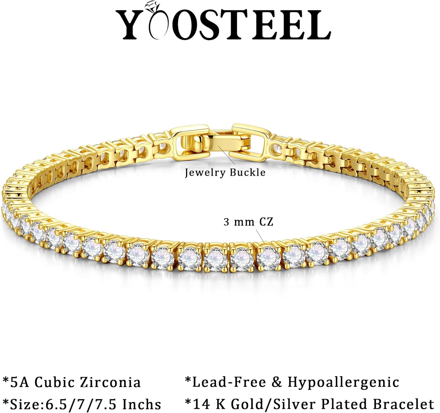 Yoosteel 14K-Gold/White-Gold-Plated Tennis Bracelets for Women - 3mm Cubic Zirconia Classic Bracelet for Women Dainty Trendy CZ Jewelry Gift 6.5/7/7.5 Inch - Image 5