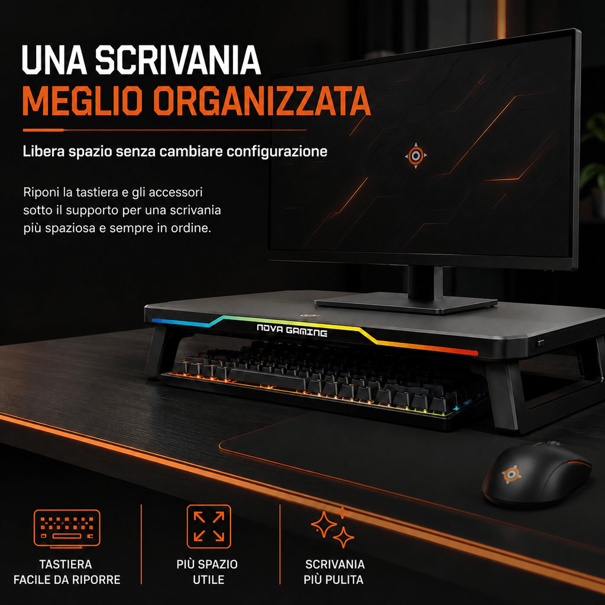 Nova Gaming – CELESTIUM – Rehausseur di Schermo RGB con Hub – Supporta Fino a 25kg – 3 Porte USB, 2 Porte USB-C – LED RGB Personalizzabile – Gaming, Ufficio, Ergonomia Avanzata