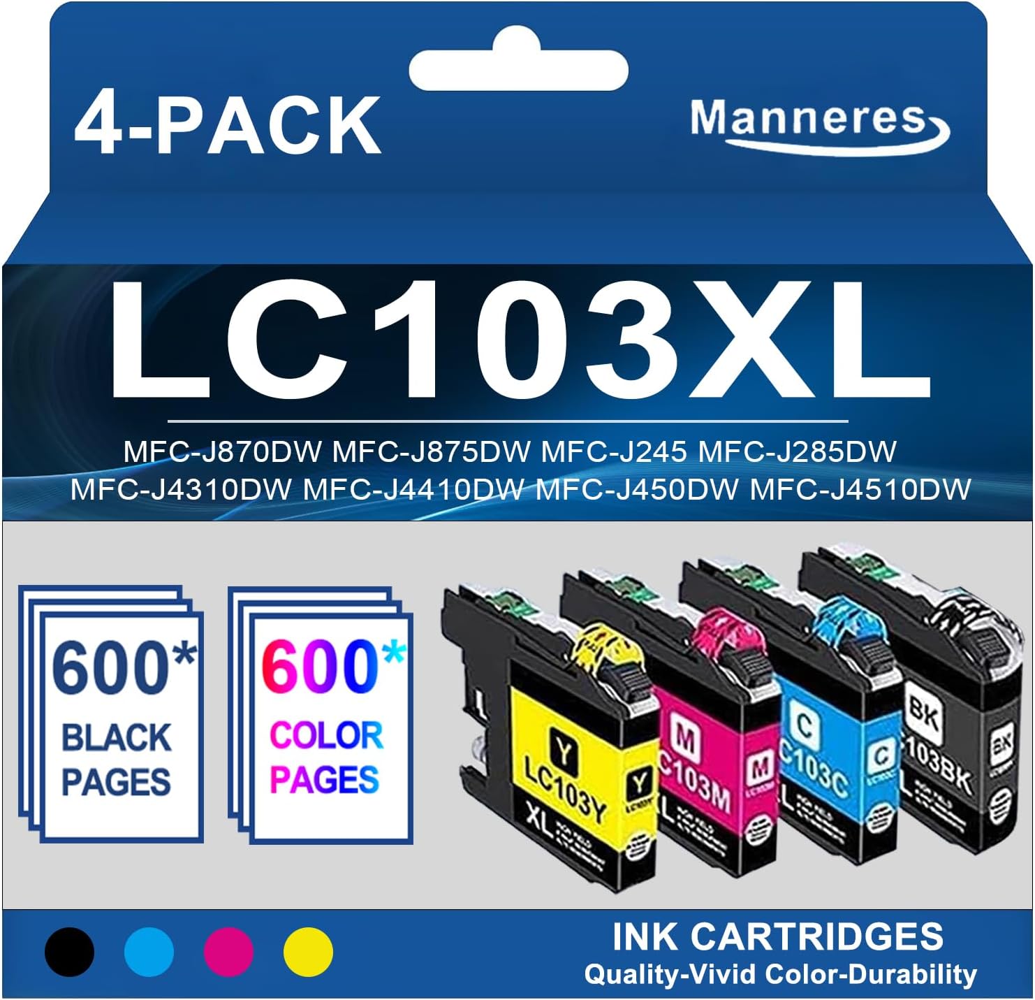 LC103 XL Ink Cartridges High Yield Compatible 4-Pack (LC103BK LC103C LC103M LC103Y) - Replacement for Brother LC103 Ink Cartridges LC101 Work for Printer MFC-J870DW MFC-J6920DW MFC-J6520DW MFC-J450DW