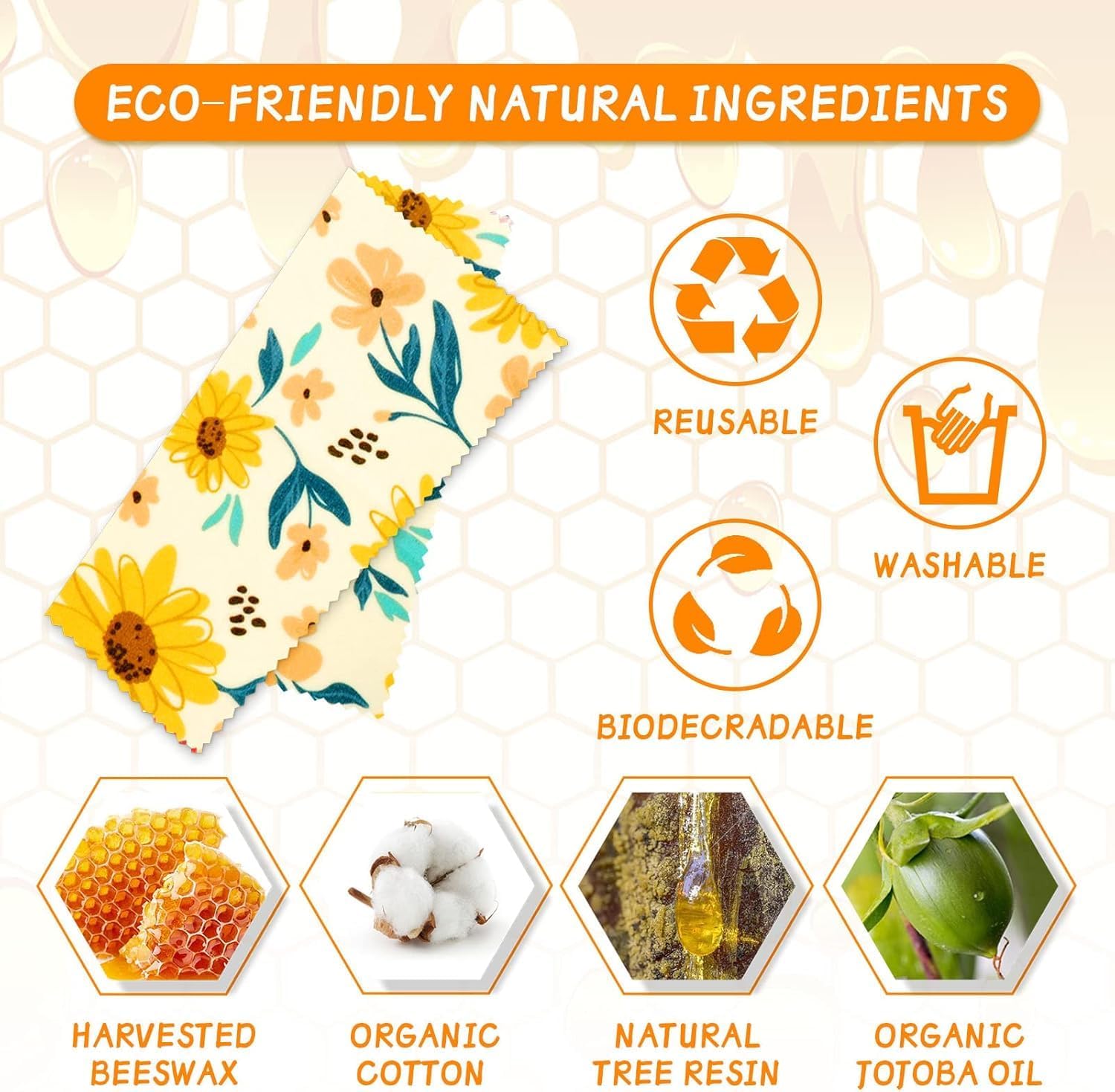 Reusable Beeswax Food Wraps - Assorted 9 Packs, Reusable, Plastic-Free Food Storage, 5 Small, 2 Medium, 1 Large, 1 Extra Large Wraps with Abstract Curves Pattern image 3