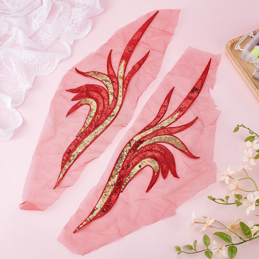 MAYJOYDIY 2 Pairs Red Sequin Flower Lace Fabric, 3D Floral Embroidery Appliques Embroidered Gown Patch Noble Sexy Collar Sew Patches for DIY Sewing Crafts Cheongsam Wedding Dress Clothing Decoration