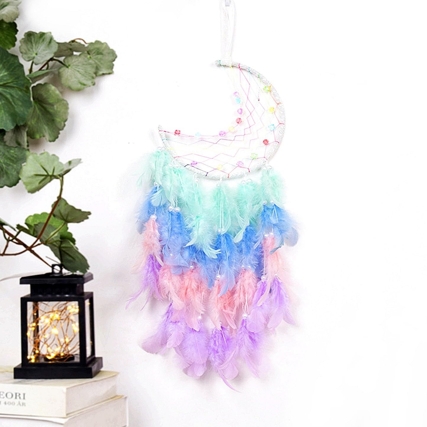 JZK Moon dream catcher with lights for girls women birthday, colorful feather and beads dream catcher with LED lights for baby kids bedroom decoration, wall hanging ornament, wedding gift-image-25