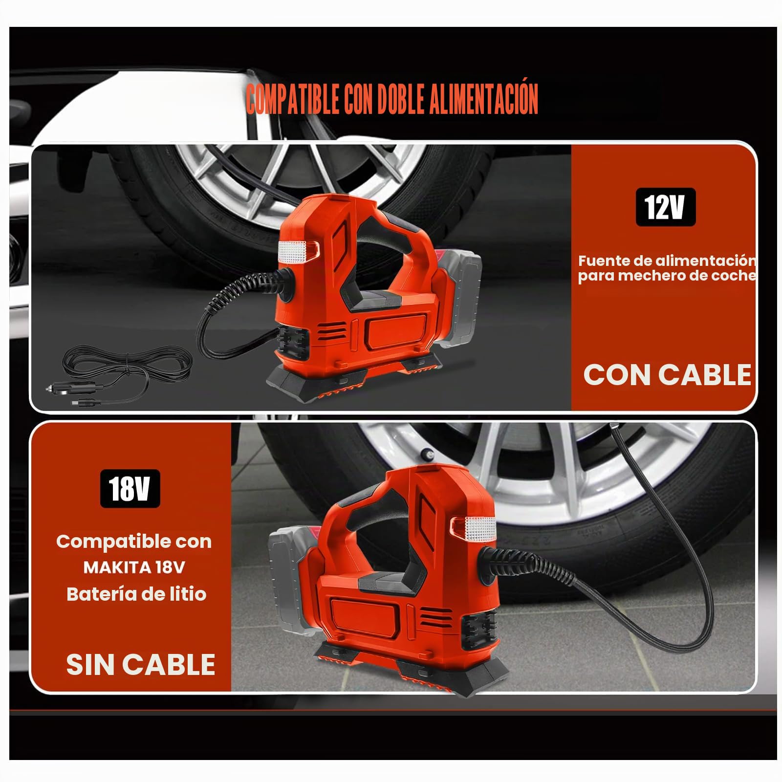 Compresor de batería para ‎Milwaukee M18 batería (sin batería, sin cargador) Bomba de aire portátil LED portátil con manómetro digital, compresor de aire eléctrico para coches, motos, bicicletas,