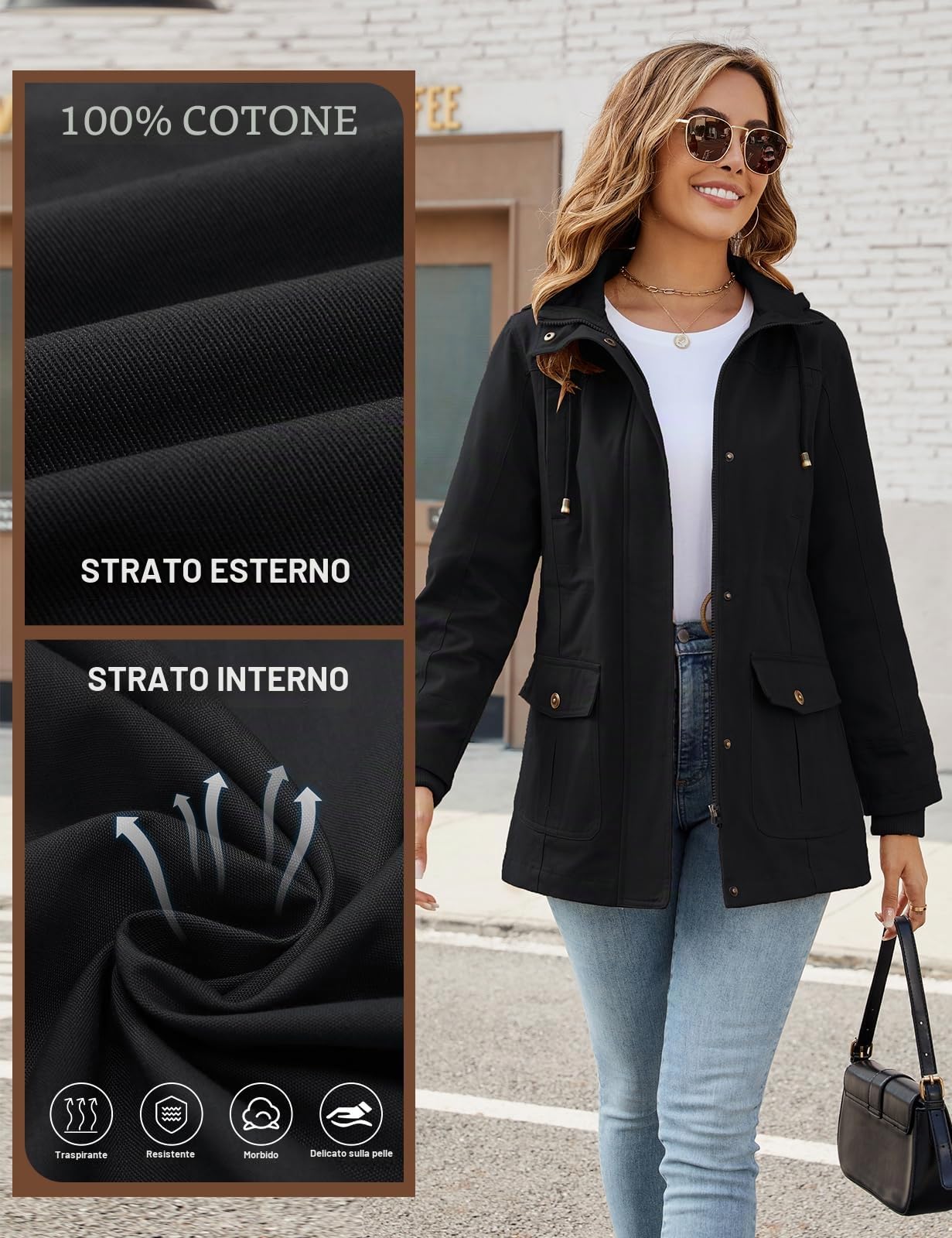 Vancavoo Giacca Donna Mezza Stagione in Cotone con Cappuccio Removibile | Giubbotto Leggero con Coulisse in Vita, Zip e Tasche per Primavera, Autunno e Uso Quotidiano