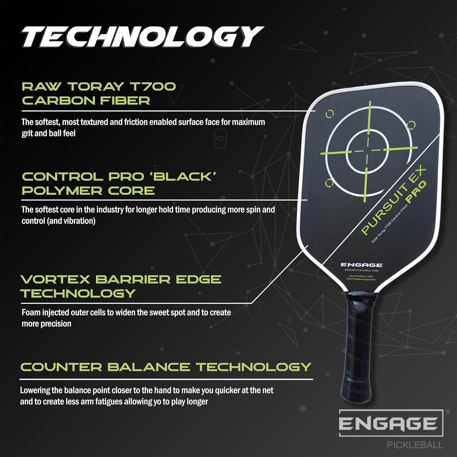 Engage Pursuit Pro EX Pickleball Paddle – Widebody Shape, Raw T700 Toray Carbon Fiber Face, 13mm Control Pro “Black” Core (Alpine Lime, Lite (7.5-7.8oz))