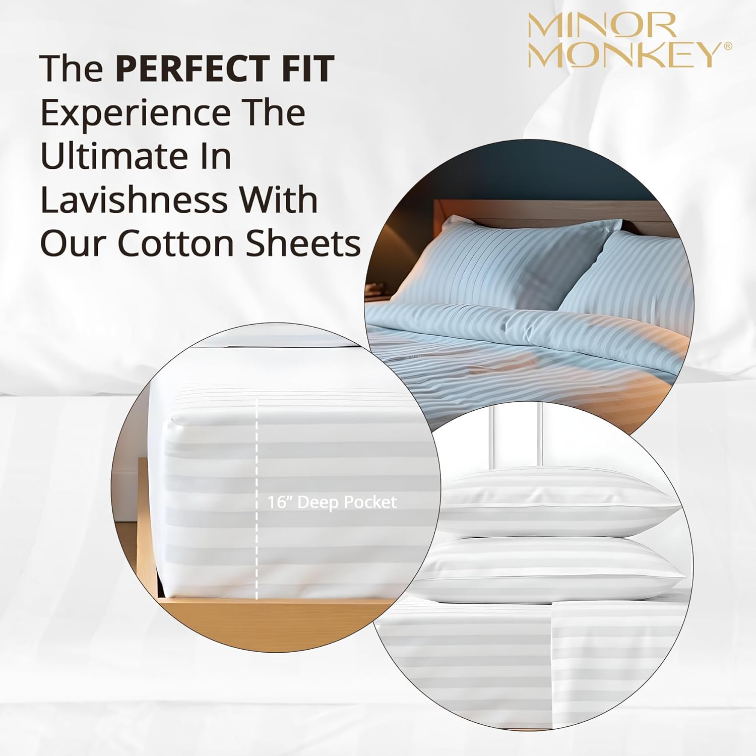 100% Egyptian Cotton Queen Size Damask Striped Sheets, 1000 Thread Count Luxury Breathable Sheet, 4Pc Queen Size Bed Sheet Set, Long Staple 16" Deep Pocket Sheets Set: White - Image 7