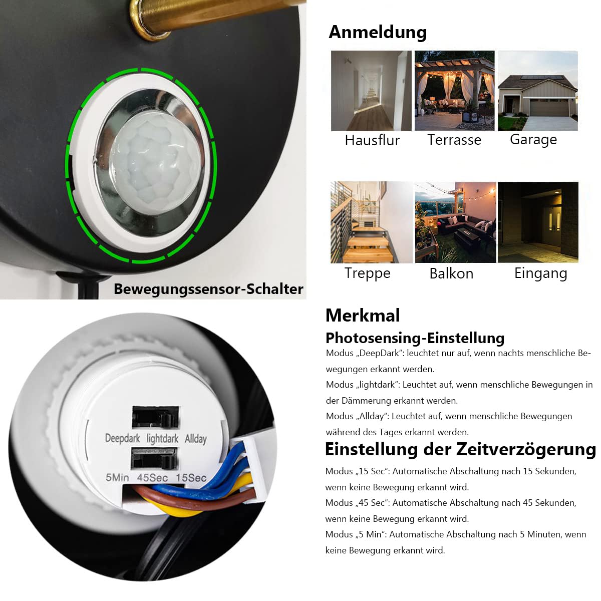Wandleuchte mit Bewegungsmelder, Wandleuchte Innen mit 1,8 m Kabel,Schwarz Industriell Eisen Wandbeleuchtung für Treppe, Flur, Garage(DZ0147)