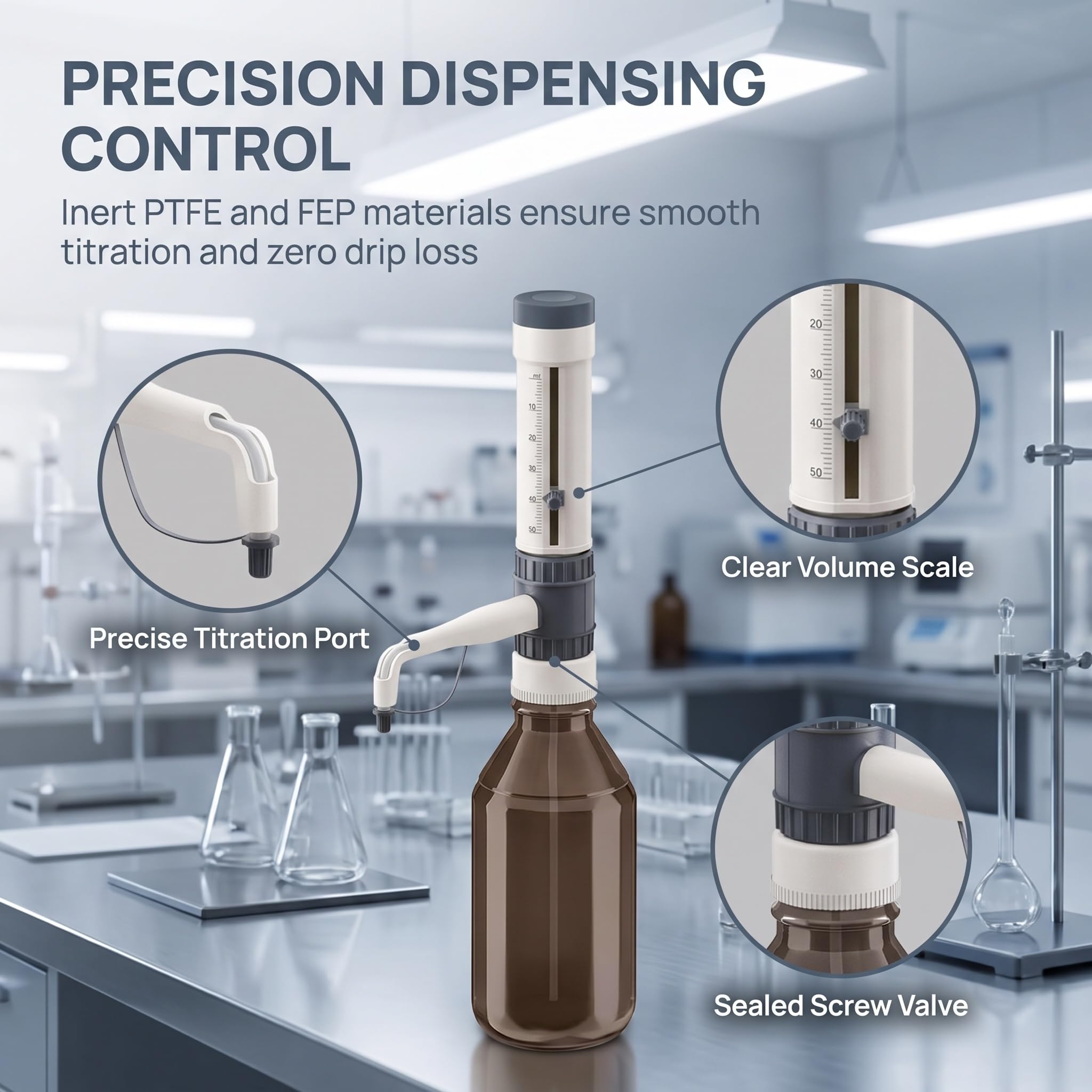 Distributeur De Liquide pour Flacon, Doseur De Réactifs De Laboratoire Réglable, Comprenant 5 Adaptateurs pour Goulot De Flacon, avec Valve Anti-Goutte Et Bouchon De Sécurité, 5-50ml
