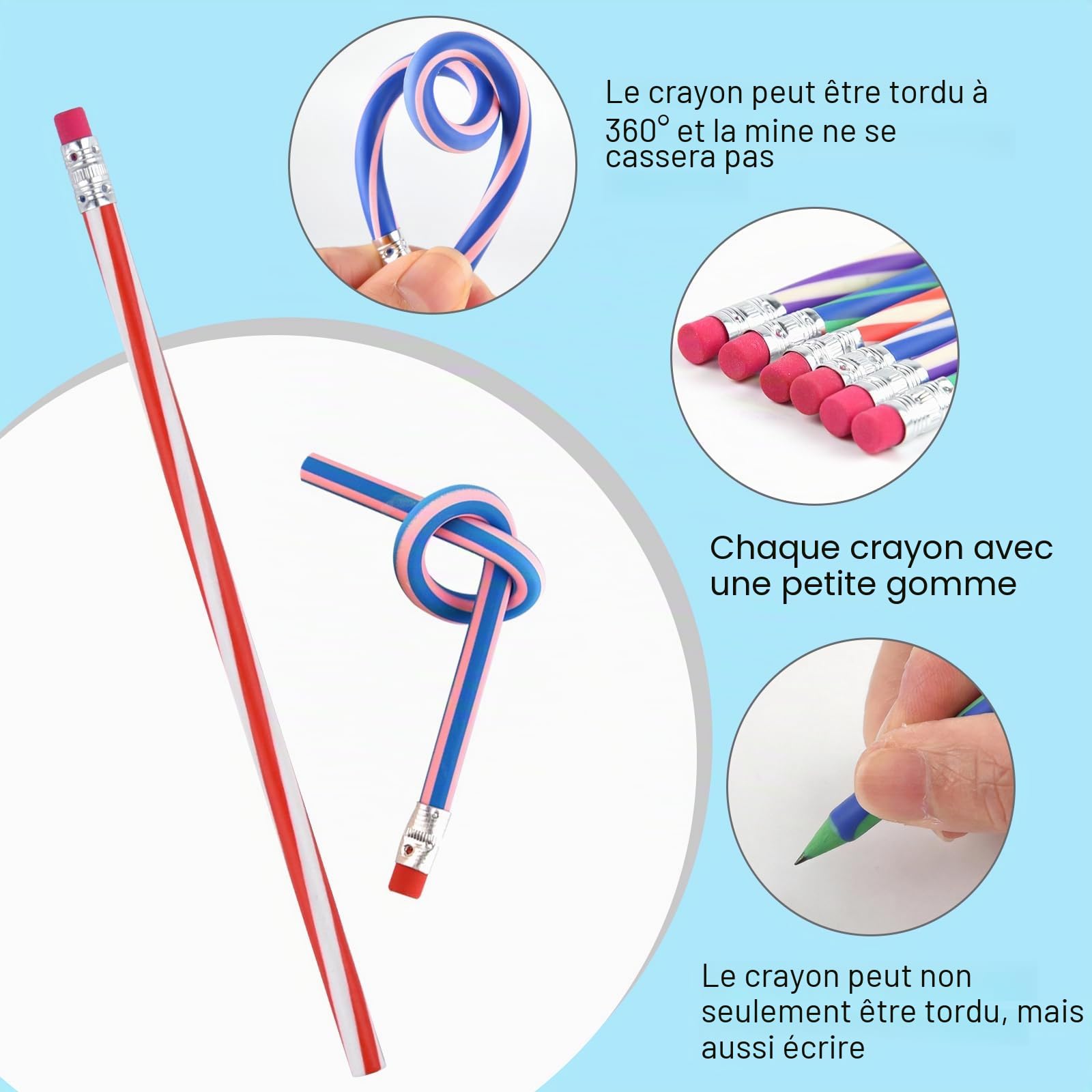 120 pièces Lot de pour pochettes surprises : crayons souples et flexibles, gommes, fournitures scolaires et cadeaux d'invités