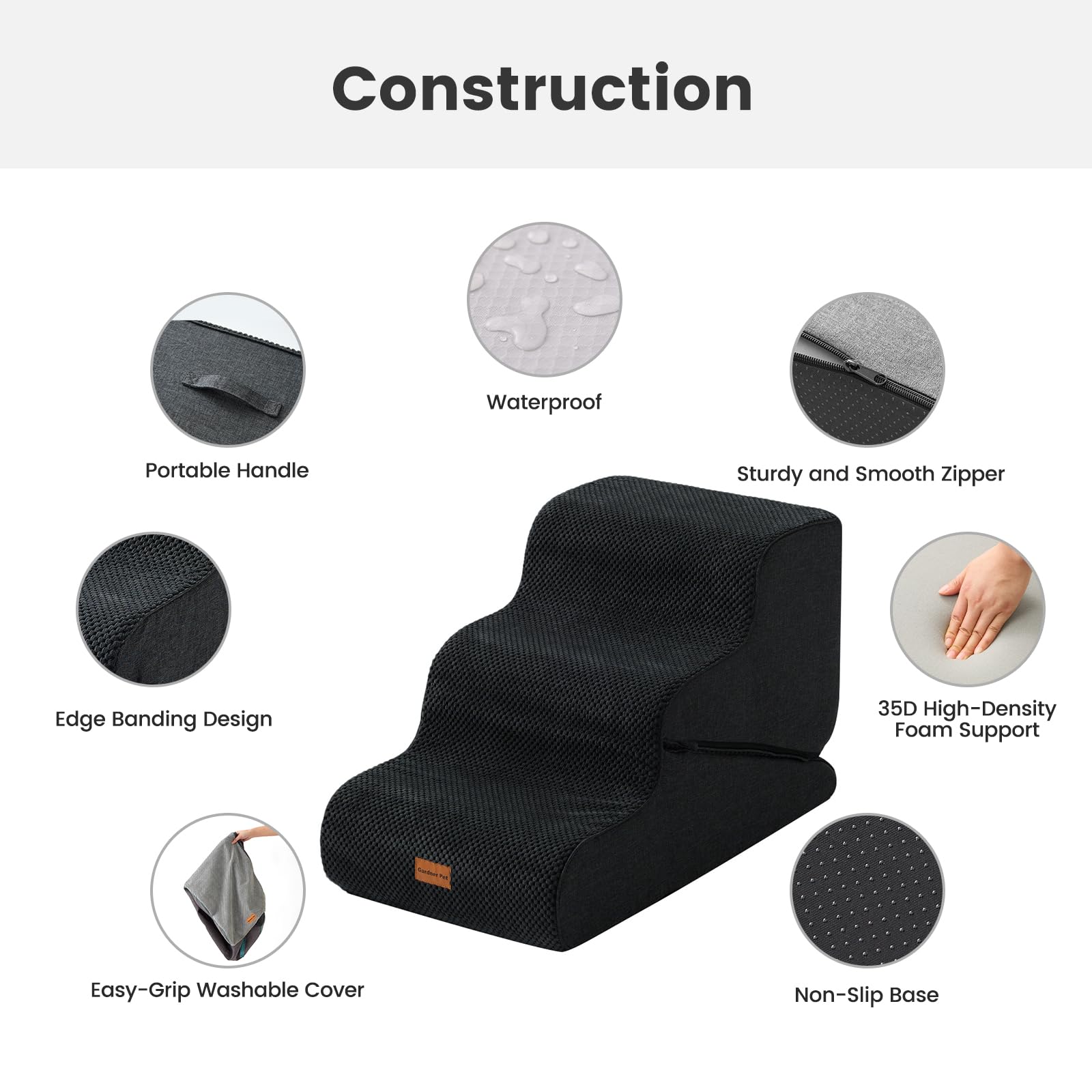 Gardner Pet Scala per Cani Piccoli 35/42cm, 3 Gradini, Rampina in Schiuma con Rivestimento Antiscivolo e Impermeabile per Letto, Divano e Auto, Grigio scuro