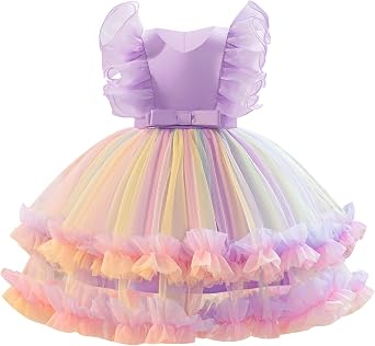IBAKOM Toddler Baby Girl First Birthday Dress Rainbow Satin Top Tulle Outfits Flutter Sleeve Tiered Ruffle Gown for Party