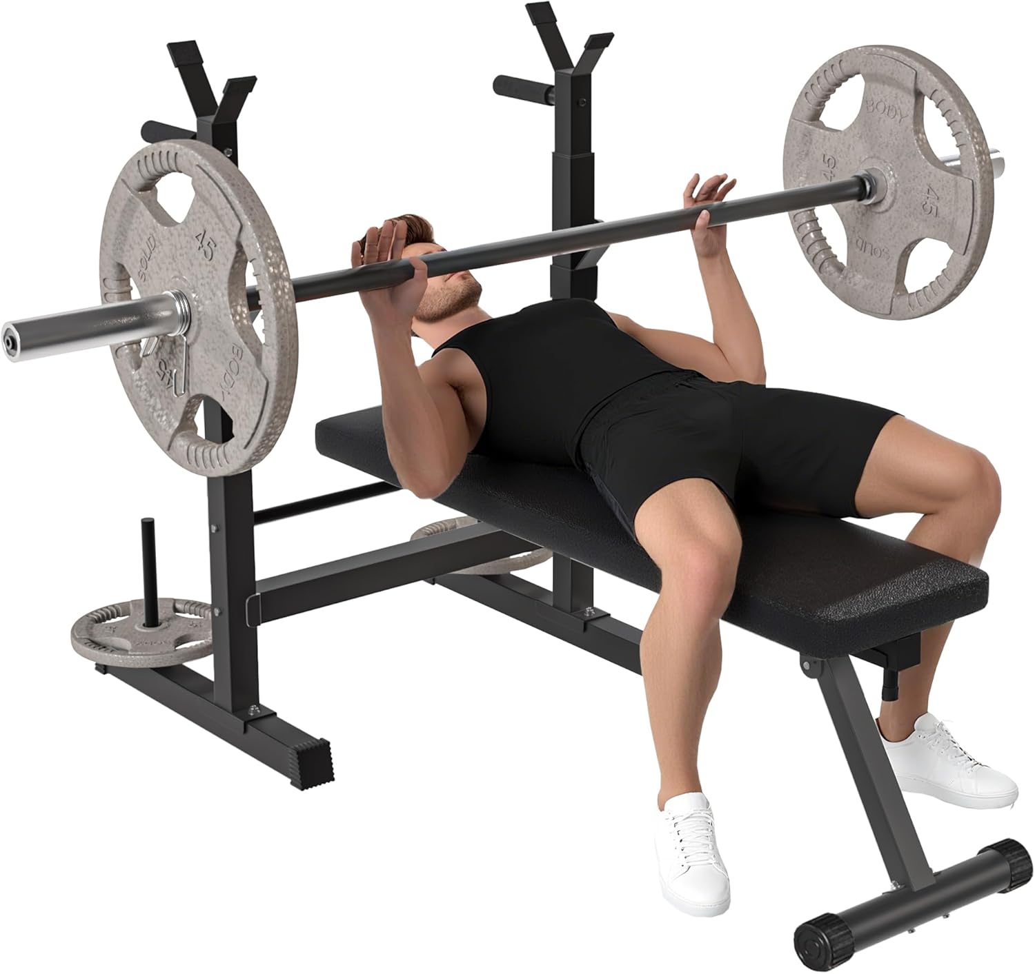 Soozier Adjustable Weight Bench, Foldable Bench Press with Barbell Rack and Dip Station for Home Gym, Strength Training Multiuse Workout Bench