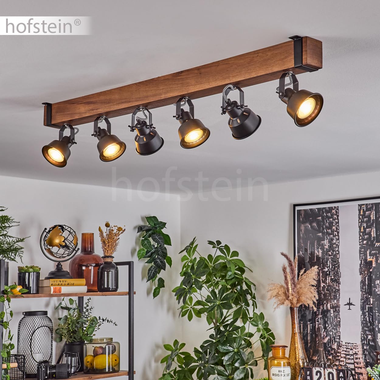 HOFSTEIN Plafoniera Safari, moderna lampada da soffitto in metallo/legno, colore nero/marrone scuro, plafoniera dal design industriale con schermi regolabili, 6 luci, 6 lampadine GU10 senza lampadina