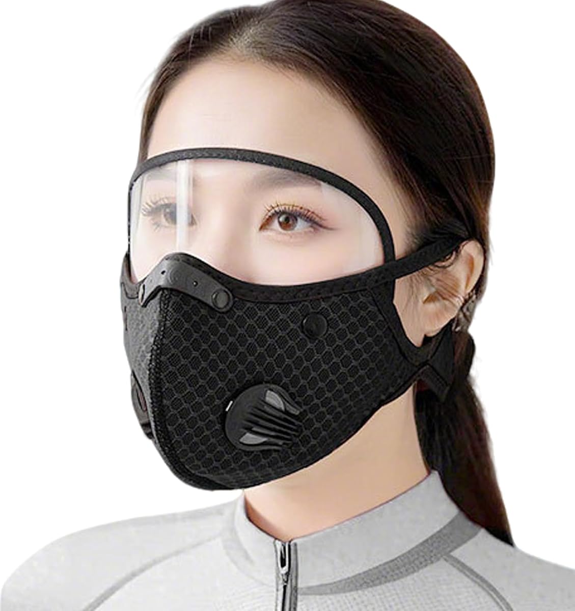 Premium Cycling Face Mask with Eye Shield Breathing Valve Breathable Reusable Mesh Mask for Outdoor Commuting Dust Protection Black