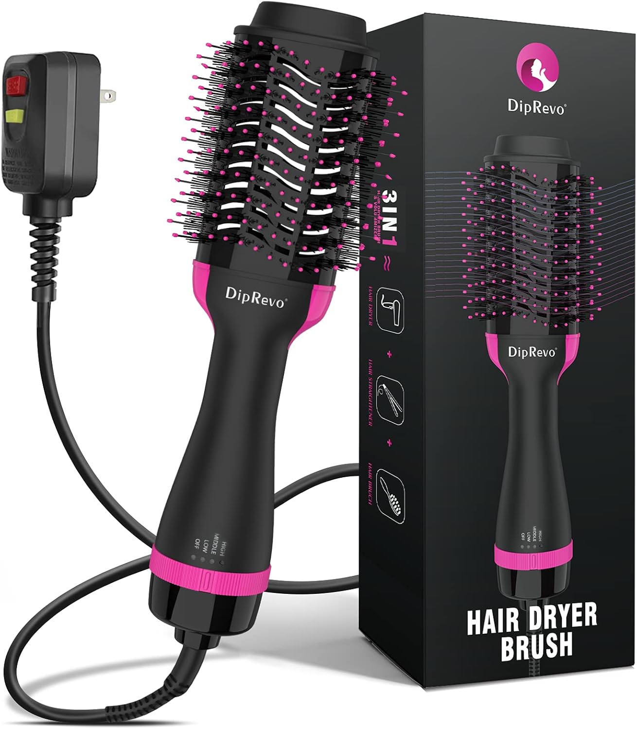 Hair Dryer Brush,DipRevo® Hot Air Brush Styler and Dryer,Professional Hair Dryer & Volumizer with ALCI Safety Plug for Hair Drying Straightening Curling,3 in 1 Brush Hair Dryer for Women,Black,1000W : Beauty & Personal Care
