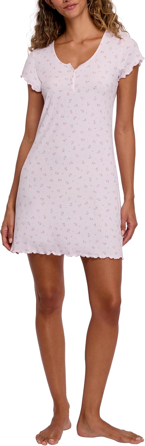 Laura Ashley Women's Nightgown Ribbed Knit Short Sleeve Henley Sleepshirt