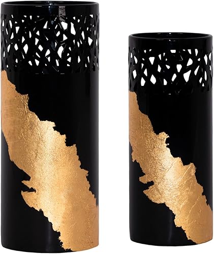 ARNIS 2 jarrones de flores altos, acabado negro y dorado para sala de estar, mesa auxiliar, decoración de cocina, 10.25 pulgadas + 8.5 pulgadas