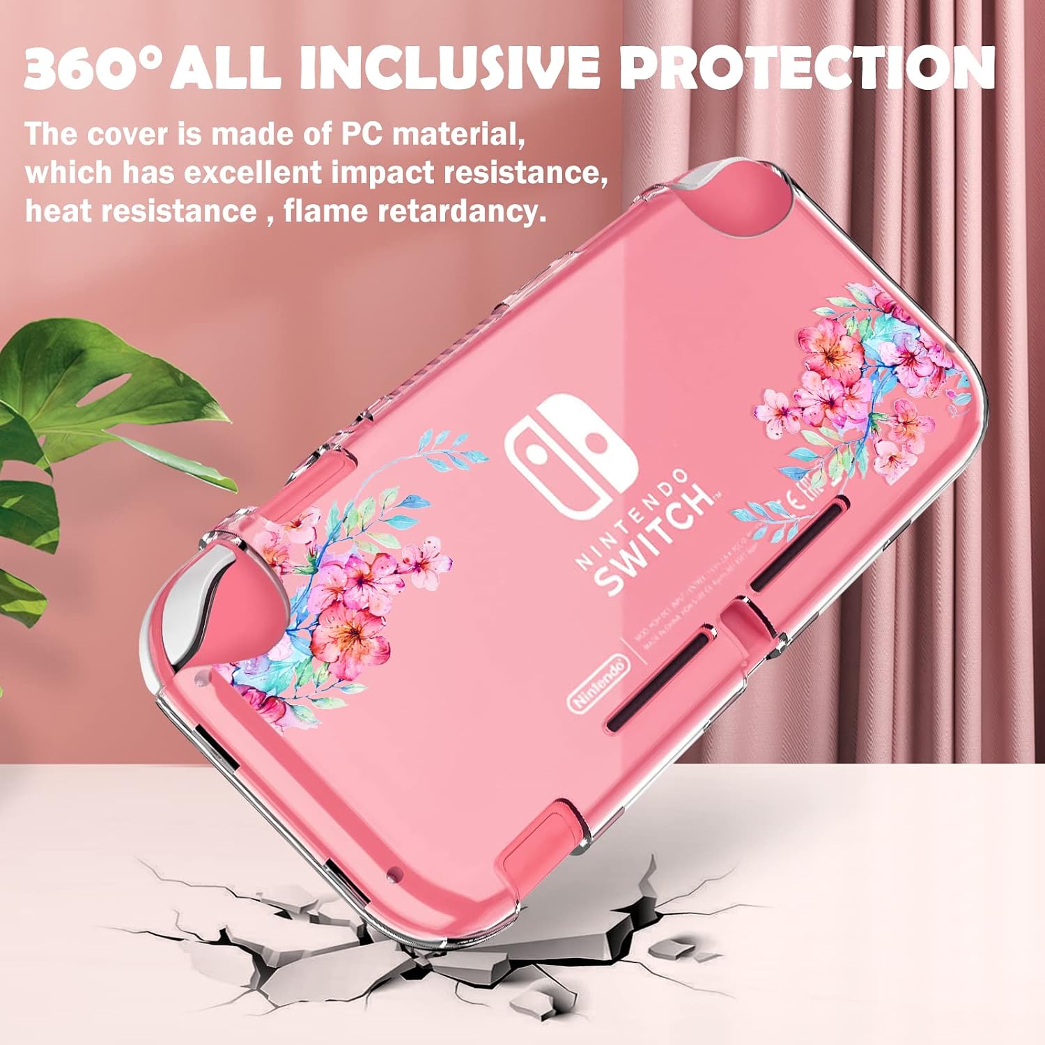 DLseego Peach Blossom Pink Flower Floral Clear Switch Lite Protective Case 2-Piece Split Full Wrap PC Hard Shell Anti-Scratch All-Round Protection Cover for Switch 2019 Model image 2