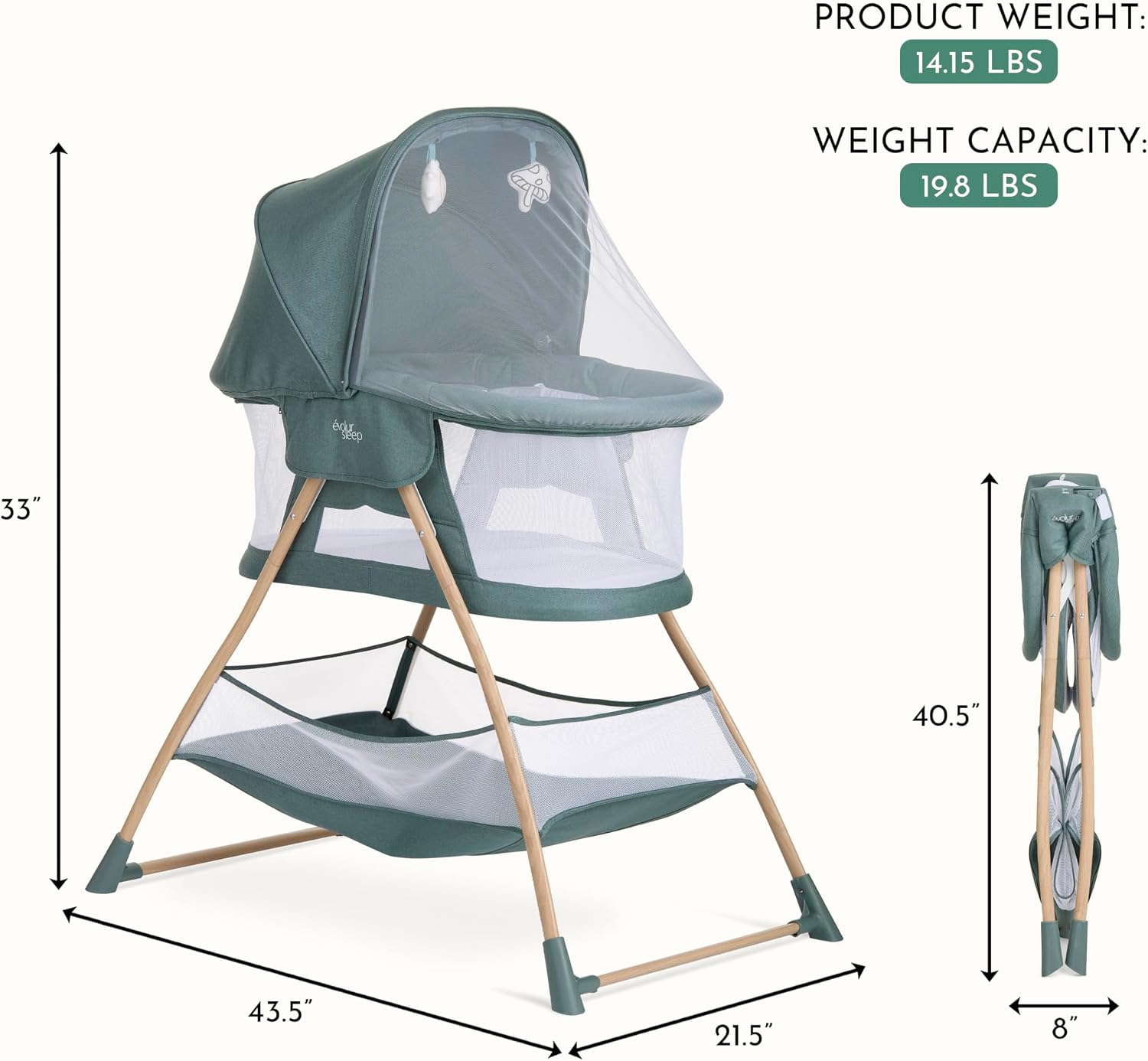 Evolur Cozy Dreamer Bassinet – Portable Baby Bassinet with Canopy, High-Density Mesh Over & Comfort Toys, Foldable Lightweight Travel Bassinet for Newborn – Green