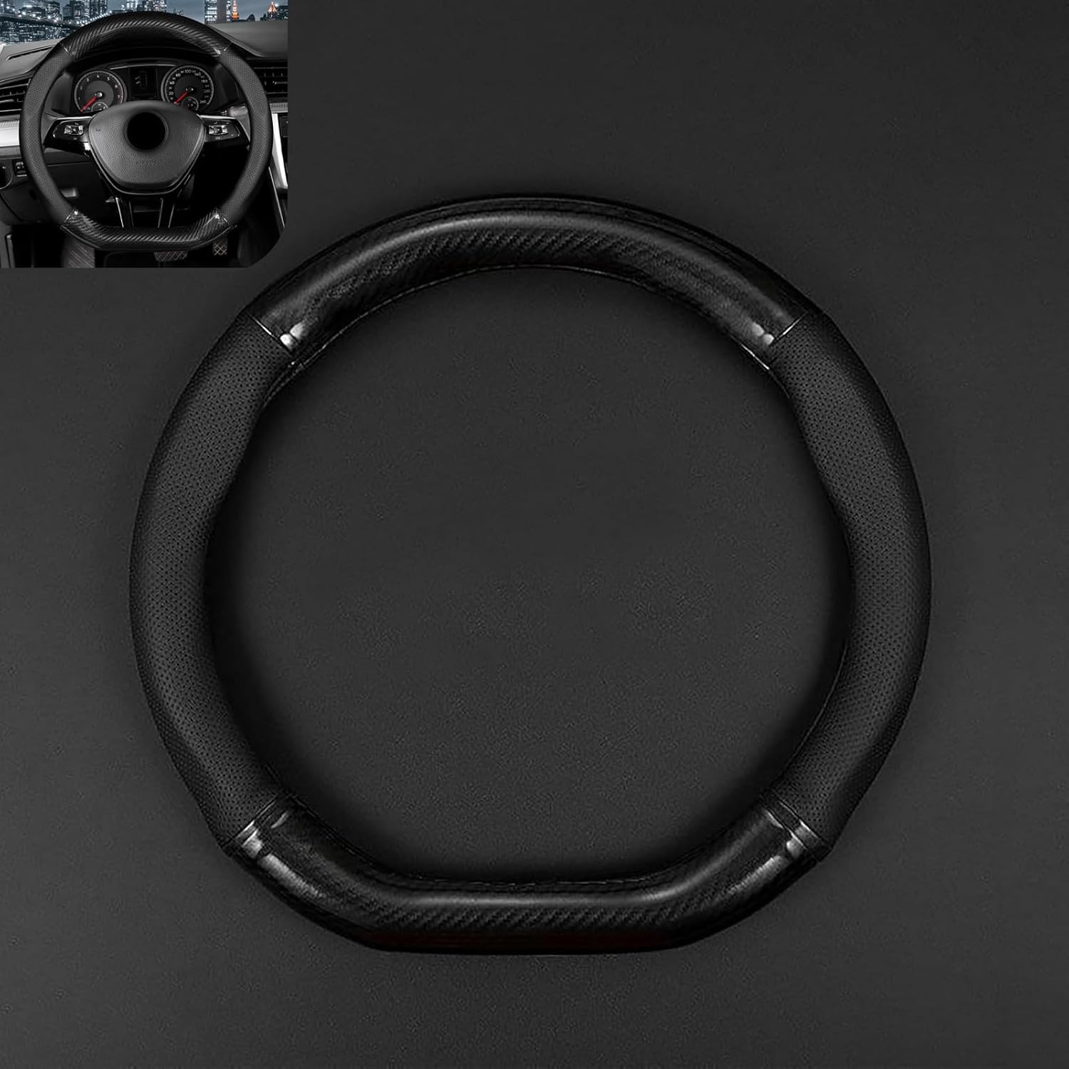 D-shaped Steering Wheel Cover, Carbon Fiber Pattern Anti-slip Wear-resistant Sweat-absorbent Microfiber Leather Steering Wheel Protector, Four Seasons Universal Accessory (Black)