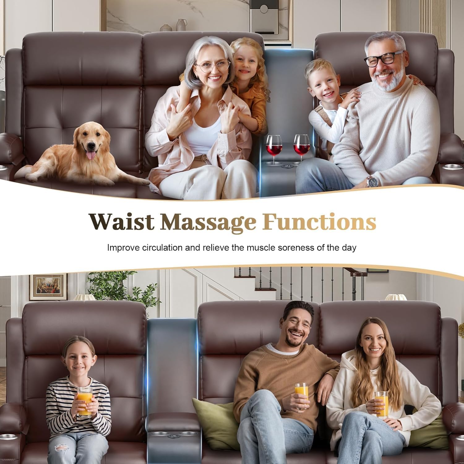 Massage Recliner Sofa 3-Seater USB/Type C Storage Cup Holders Wall Hugger