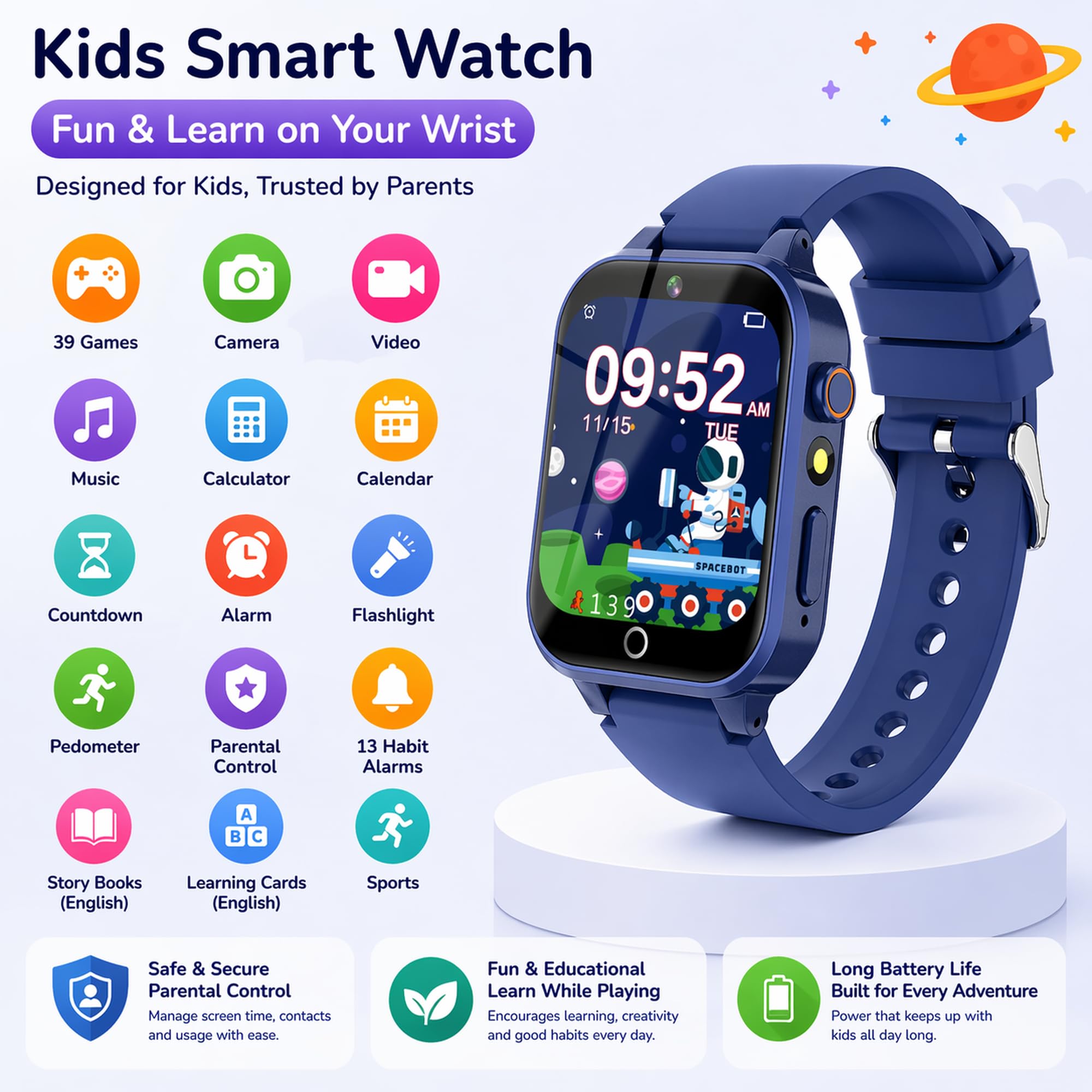 Smartwatch Kinder Jungen und Mädchen 4-15 Jahre, 39 Spielen, Sportmodi, MP3, Taschenlampe, 100+ Lernkarten, Hörbücher, 13 Wecker, Schulmodus, Schrittzähler, Pädagogisches Geschenk für Kinder Kinderuhr