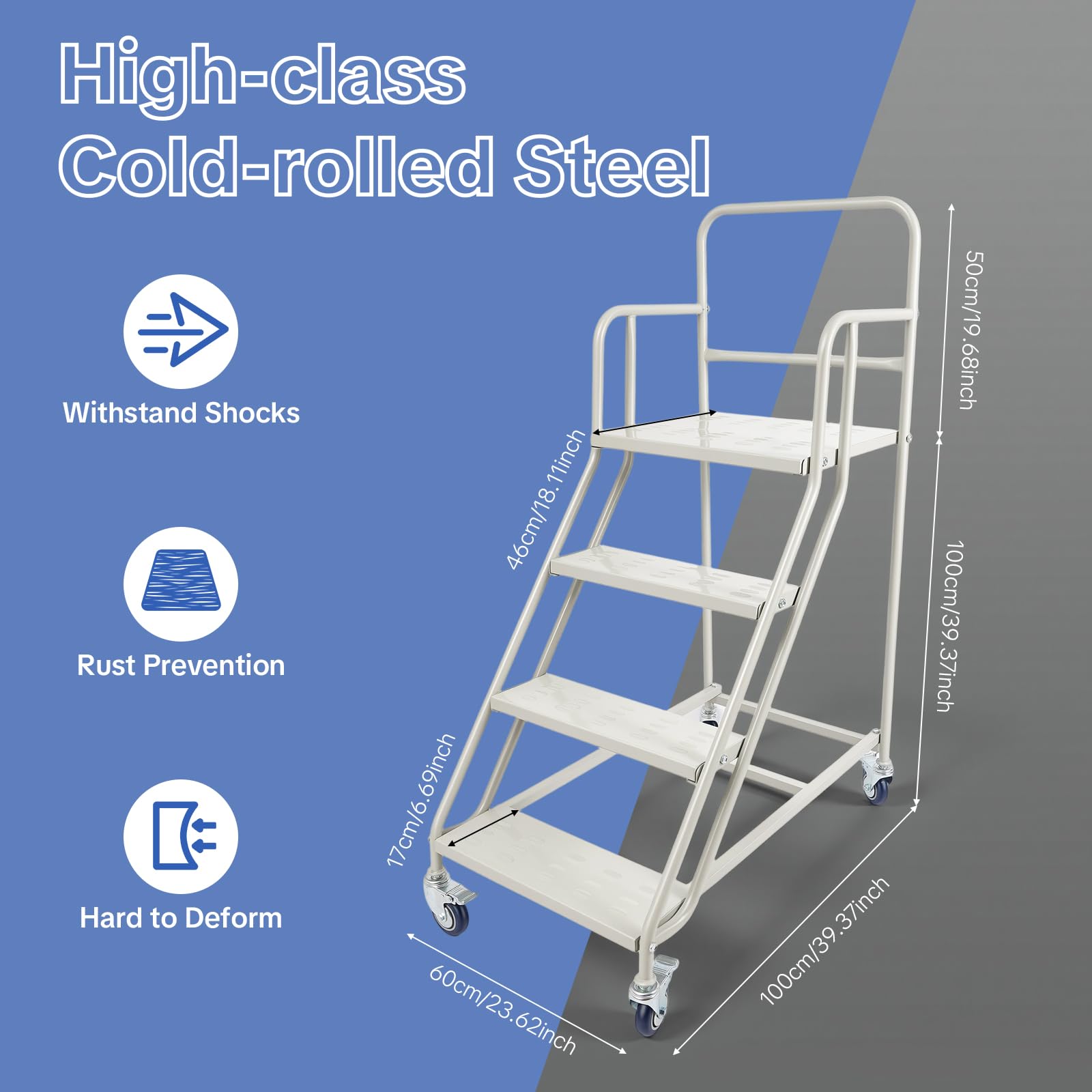 4-stufige Rolltreppe, Fahrbare Sicherheitsleiter mit Rädern & Bremsen, Kaltgewalzter Stahl, Belastbar bis 400kg