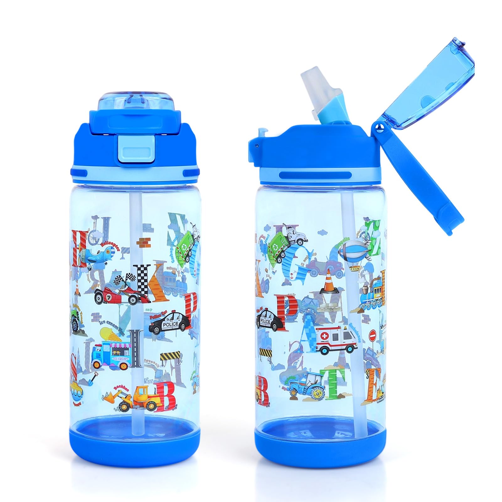 Decalsweet Kids Water Bottle With Straw,600ml Childrens Water Bottle,Leakproof Kids Drinks for School Travel,Lightweight Sport Bottle for Boys Girls,Alphabet Vehicle
