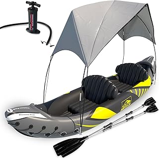 KP Inflatable Kayak 2 Person with Sun Canopy (Detachable) + Kayaks for Adults + Waterproof Phone Bags + Adjustable Seats + 3rd Seat for Dog/Child + Backrests & More