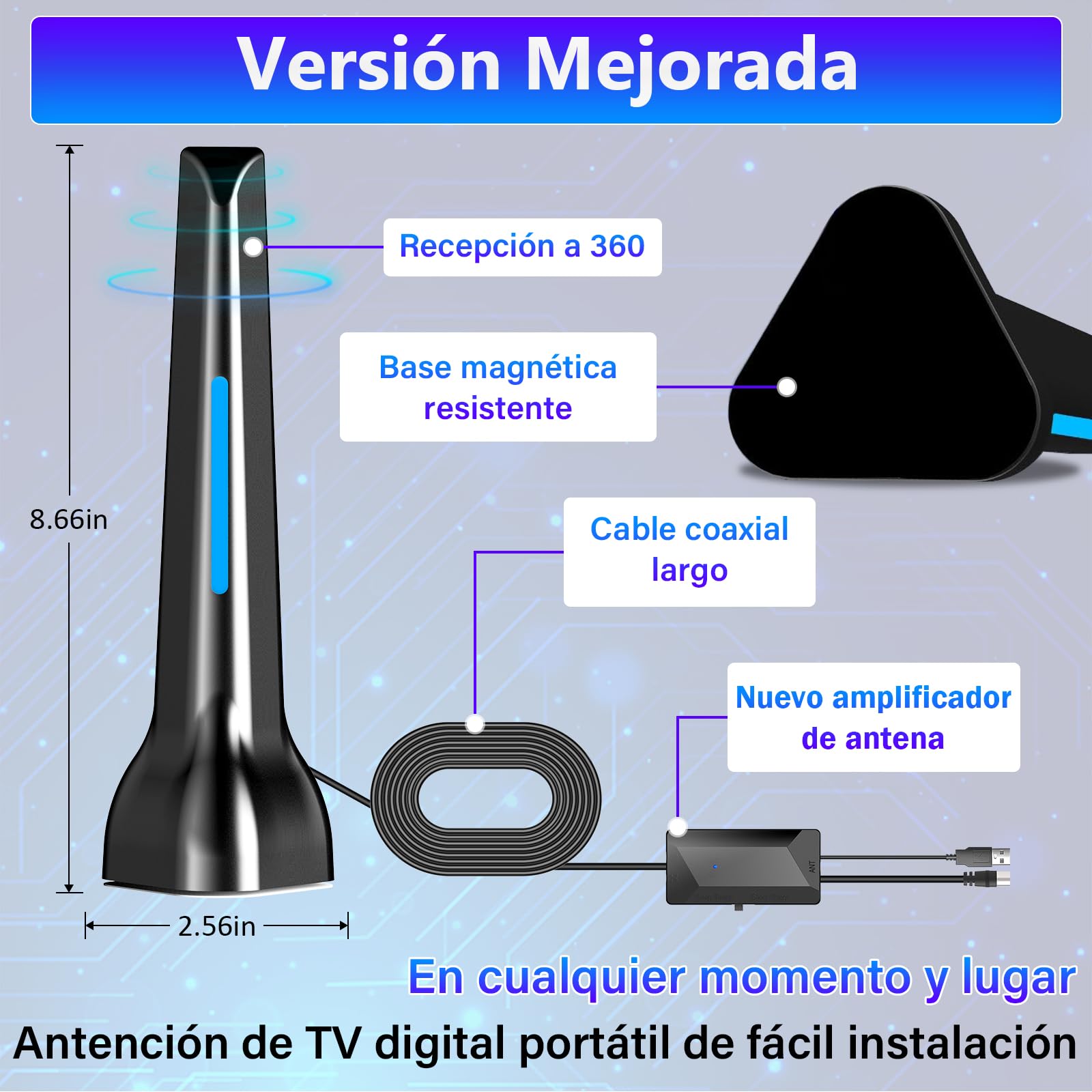 Antenne TV intérieure avec amplificateur réception 360° longue distance, antenne TV portable avec base magnétique, compatible avec 4K 1080P DTMB DVB-T2 DVB-T - Tous les téléviseurs