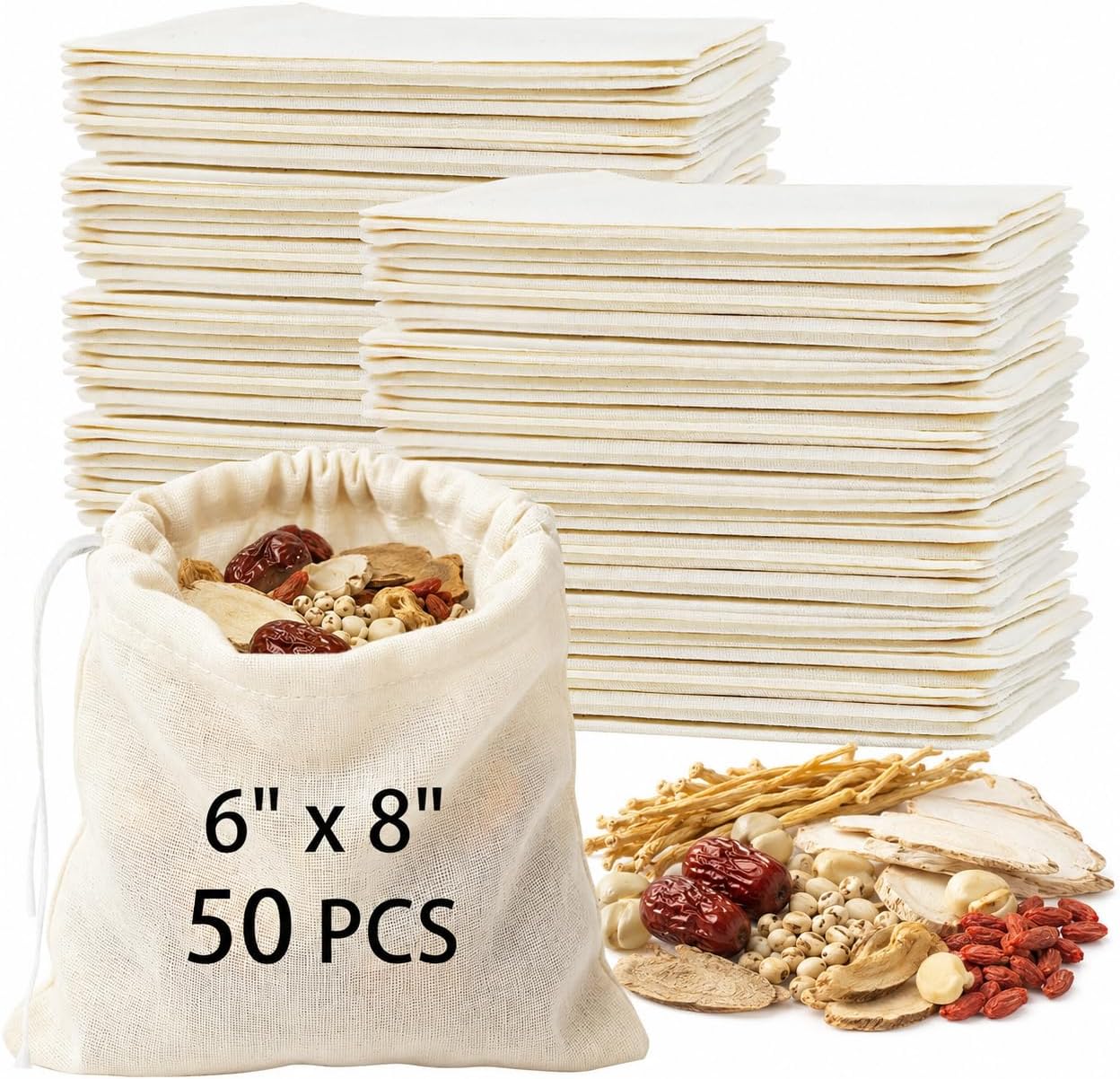 50PCS 8x6 in Small Muslin Cloth Bags with Drawstrings - Reusable Empty Spice & Herb Bags for Cooking, Potpourri, bulk (8x6 in 50PCS)