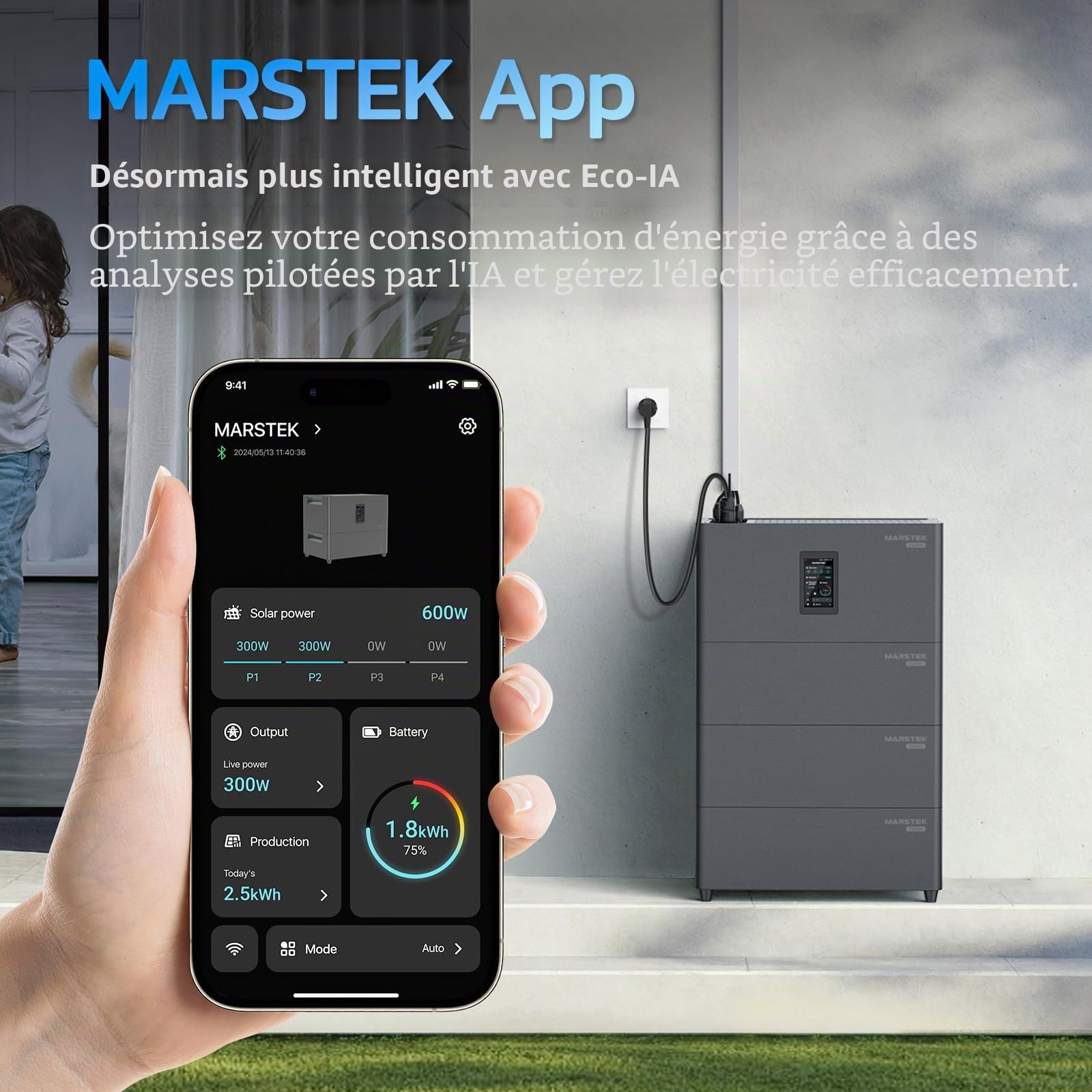 MARSTEK - Centrale électrique tout-en-un pour balcon avec stockage, 4 MPPT 2400 W, capacité de la batterie 2,56 kWh, 6000 cycles de charge, batterie LFP, avec application, Plug & Play, 0 % TVA