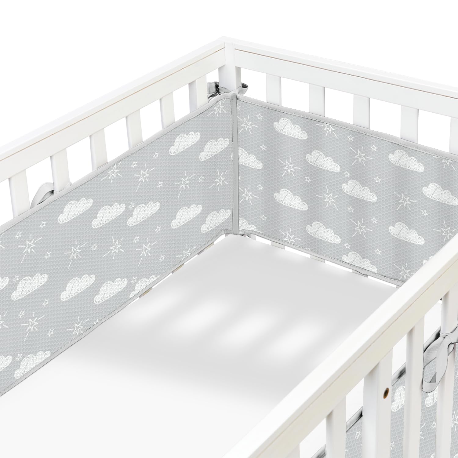 4 Sides Ventilated Mesh Liner for Life Size Cribs,New White Covers-Long Pieces (111in x 11in), Short Pieces(82in x11in) (2025 New Updated) (Cloud mesh)