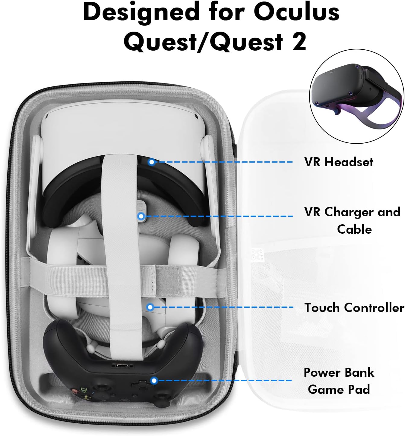 AMVR Leather Hard Carrying Case for Oculus Quest/Quest 2 VR Gaming Headset and Touch Controllers, Elite Strap Pad, Lightweight and Portable Travel Storage Bag for Quest 2 Accessories