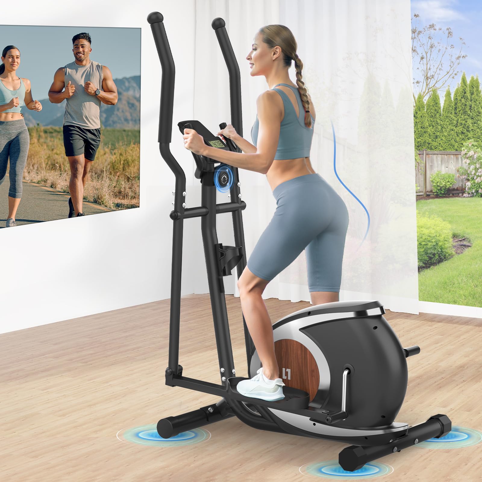 Vélo Elliptique Magnétique avec 16 Niveaux de Résistance, Appareil Elliptique Ultra-Silencieux pour la Maison, Écran LCD, Porte-Bouteille, Capacité de Charge de 120KG