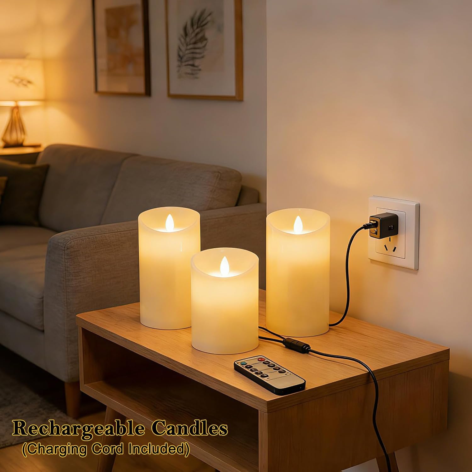 lezonic rechargeable flickering flameless candles battery operated with remote and timer, pack of 3(d 3'' x h 4''5''6'') long lasting ivory white real wax led usb pillar candles ivory pillar
