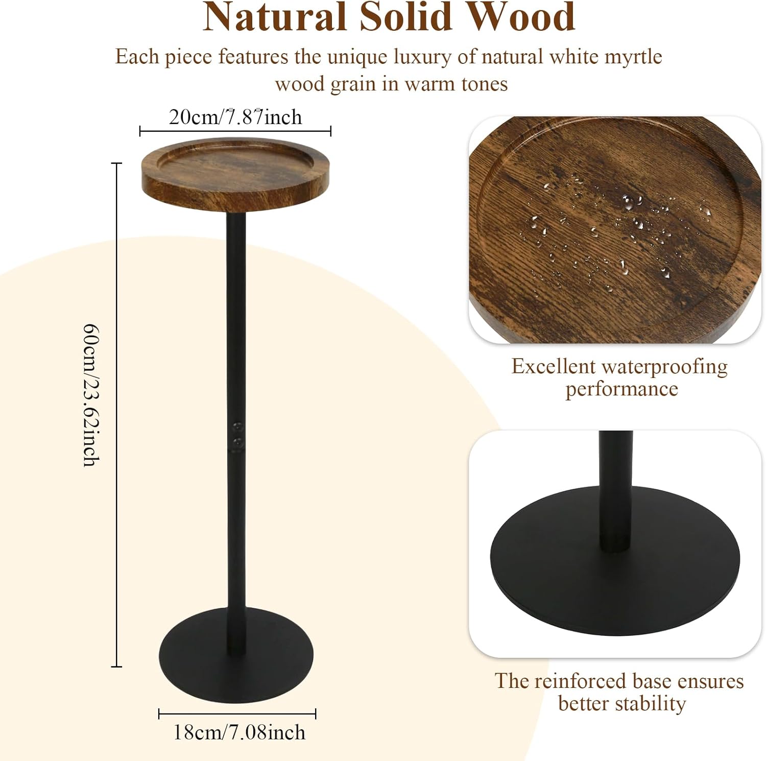 YYW Drink Table, 7.87" Small Round Side Table, Small Pedestal Side Table, Circle End Table with Metal Base, Martini Tables for Small Spaces, Living Room, Bedroom (Rustic Brown)