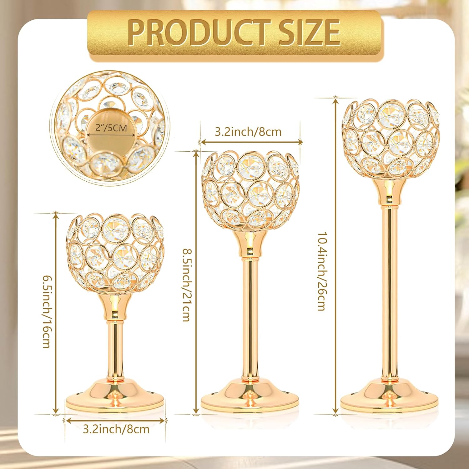 12pcs Bulk Gold Crystal Candle Holder Set, 3 Sizes Tealight Candlestick Holders, Elegant Candelabra for Wedding Table Centerpiece, Fireplace, Home & Living Room Decor