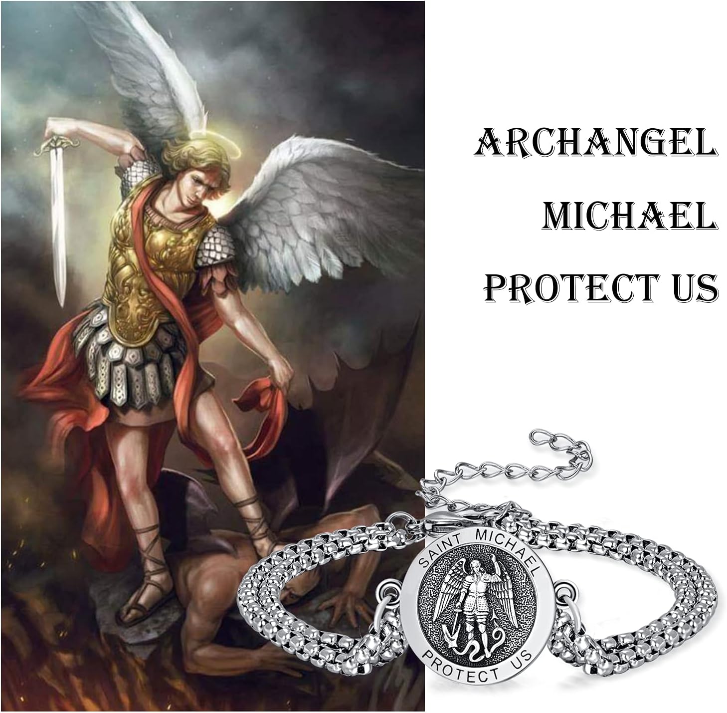 KINGWHYTE St Michael/St Christopher Bracelet Sterling Silver Men Adjustable Bracelet Religious Protection Jewelry Amulet Gift for Men Women with 7+2 Inch Stainless Steel Chain - Image 6