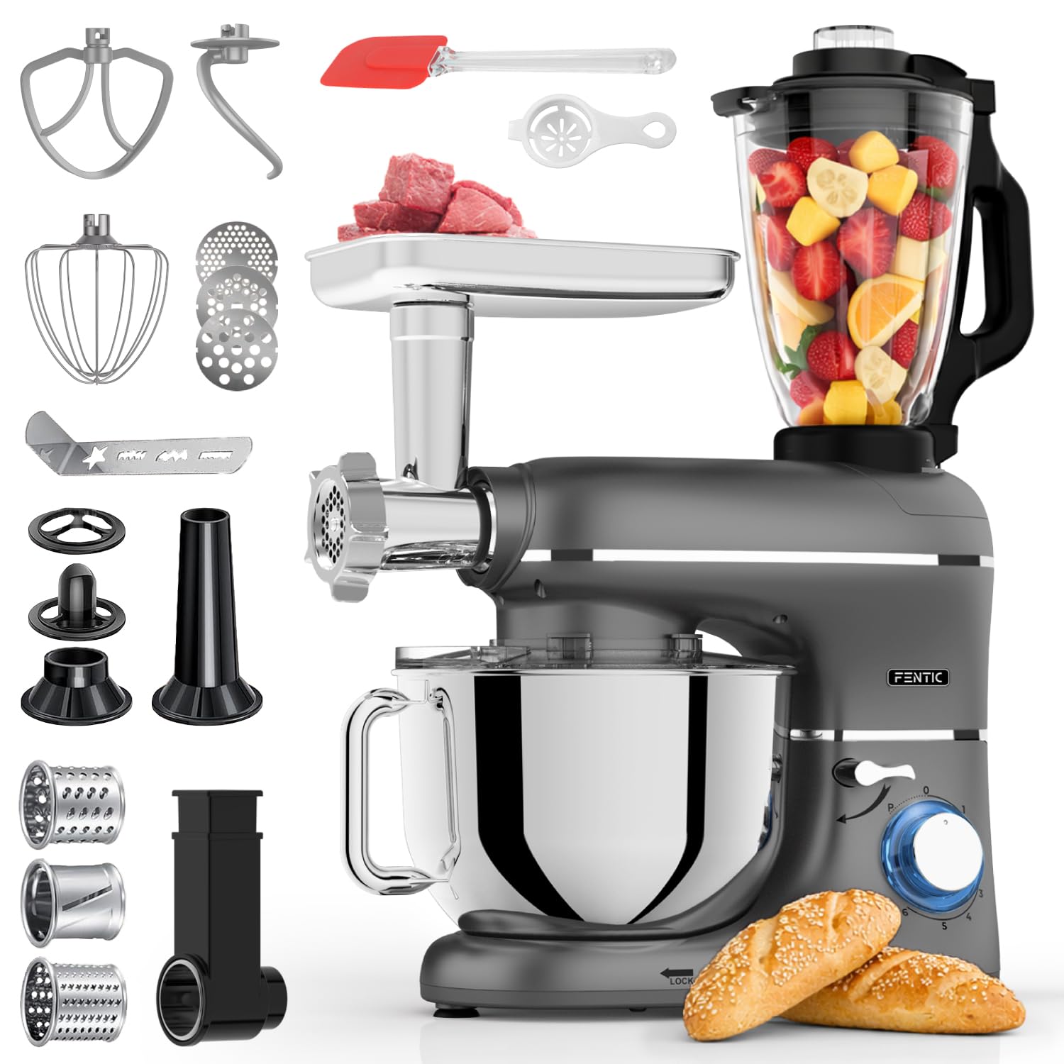 6 in 1 Impastatrice Planetaria – 2000W – Con Tritacarne, Frullatore da 1,5L, Tagliaverure, Accessori Extra – Robot da Cucina con Ciotola 6.2L, Frusta, Gancio Impastare, Mescolatore (Antracite)