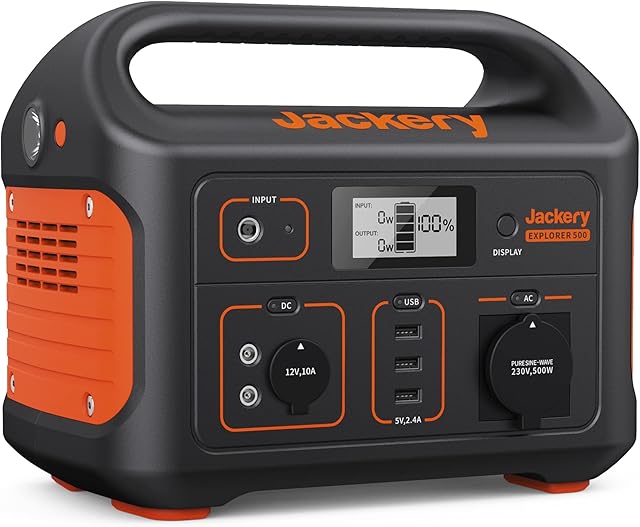 Jackery Explorer 500, 518 Wh, przenośna stacja zasilania z gniazdem 230 V / 500 W (1000 W szczyt.) i USB, przenośne źródło zasilania z wyświetlaczem LCD na przyjęcia, kemping, do kampera, do domu