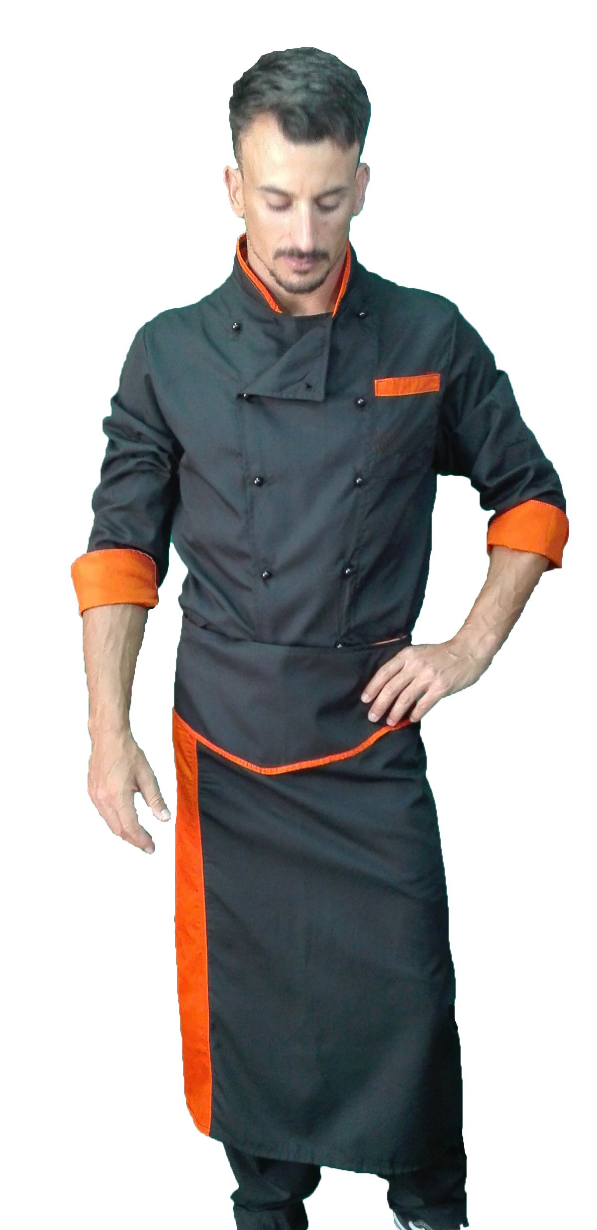 Ricamo Gratuito - Completo Cuoco - Nero e Arancio - Divisa Chef - Giacca, Pantalone e Grembiule - Uniforme Uomo